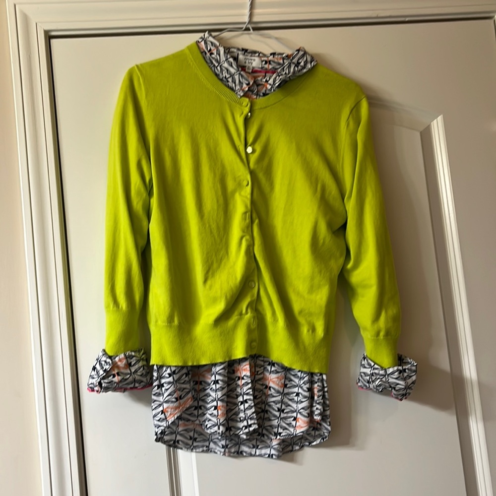 XL green button up with M blue dragonfly cardigan.